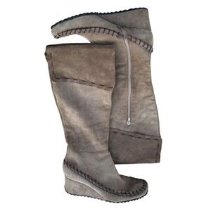 VTG Boots Suede Taupe Wedge Knee High Zipper Stitch Detail Euro Size 38